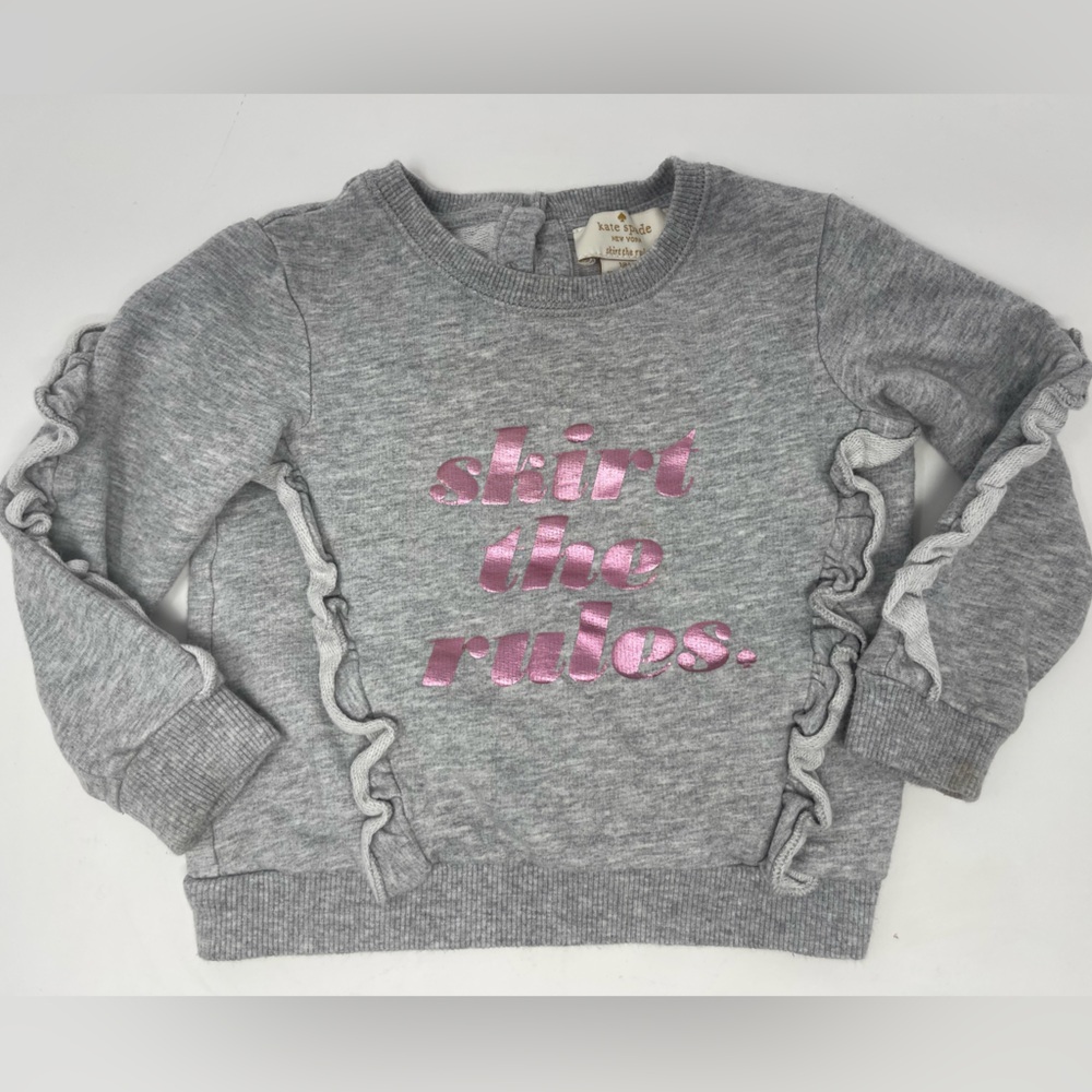 KATE SPADE: ‘Skirt the Rules’ Gray Sweatshirt, 18M. Ruffles. Pink Shiny